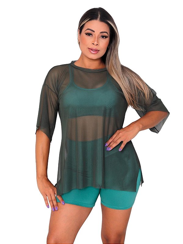 Blusa Tule Feminina Fitness Academia M/Curta Verde Escuro