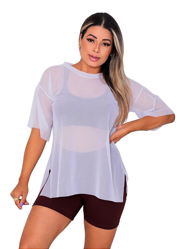 Blusa Tule Feminina Fitness Academia Manga Curta Branco