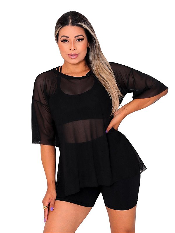 Blusa Tule Feminina Fitness Academia Manga Curta Preto