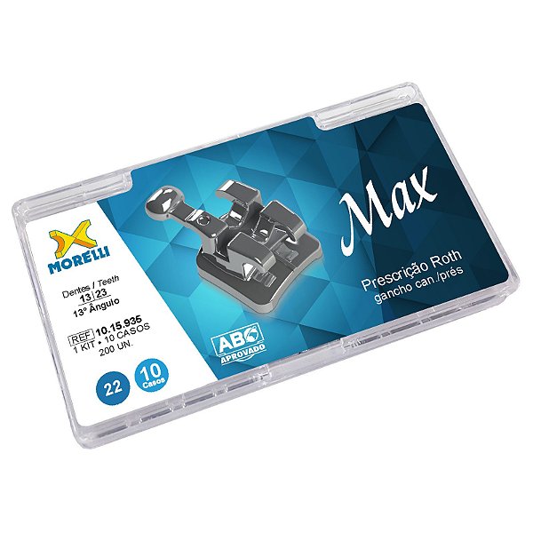Kit de Bráquetes 10 casos Prescrição Roth Max .022" Can. 13° Ang. Gancho Can./Prés