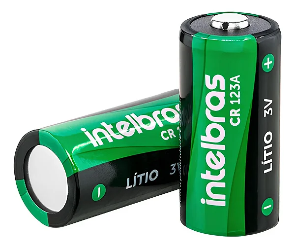 Bateria de lítio CR123A 3V 1.400 mAh da Intelbras, ideal para dispositivos de alta demanda.