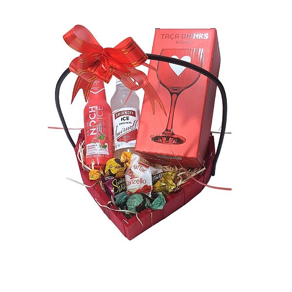 Cesta de Presente Coração Taça Drinks, Bebidas e Chocolate