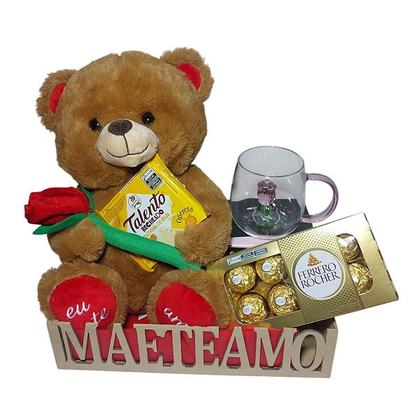 Cesta Mâe Eu Te amo com Urso Fofo + linda Caneca Rosa + Chocolates