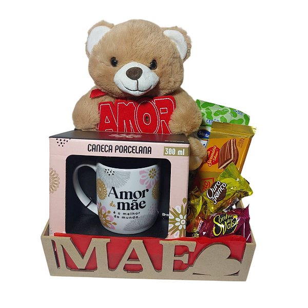 Cesta Presente Amor de Mãe com Urso Fofo +Caneca 300ml + Chocolates