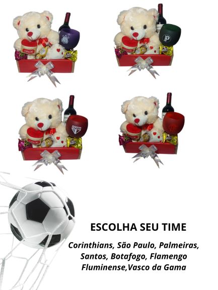 Cesta Encantadora Com Urso, Vinho E Taça Escolha Seu Time