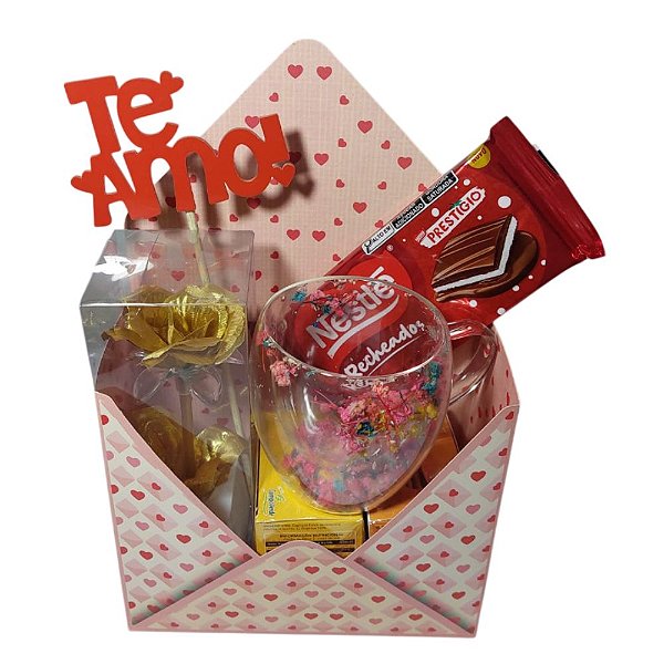 Cesta Presente Feminina Rosa Luminária, Caneca, Chocolate
