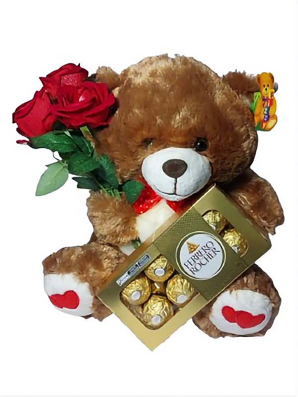 Presente Dia dos Namorados Urso Fofo com Flores e Chocolates