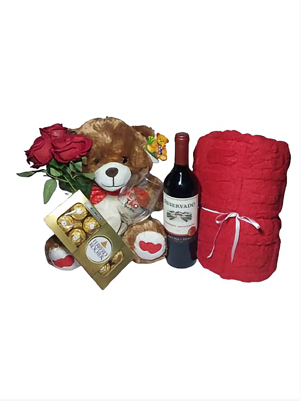 Presente Dia Dos Namorados Urso Fofo, Taça, Vinho E Manta