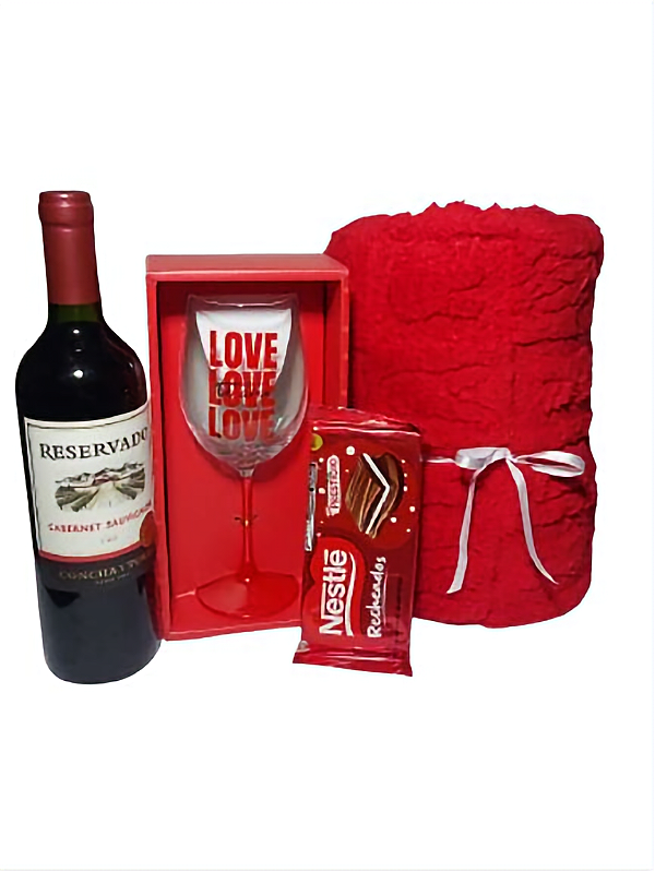 Kit Luxo para Presente com Vinho, Taça, Manta e Barra de Chocolate
