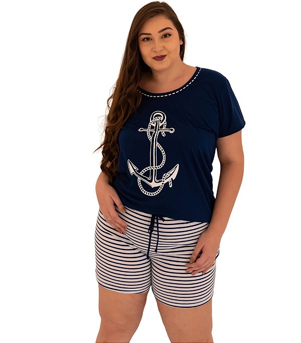 Pijama feminino plus size âncora com short listrado