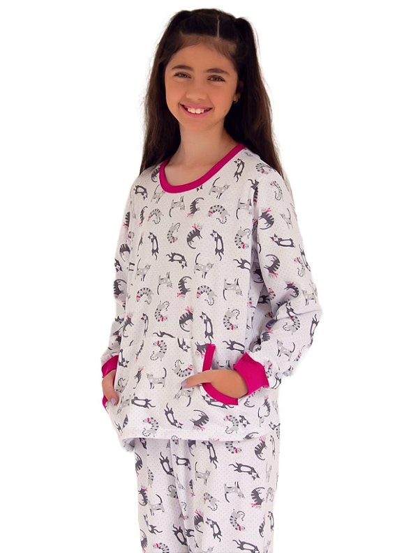 Pijama infantil flanelado gatos bolso canguru