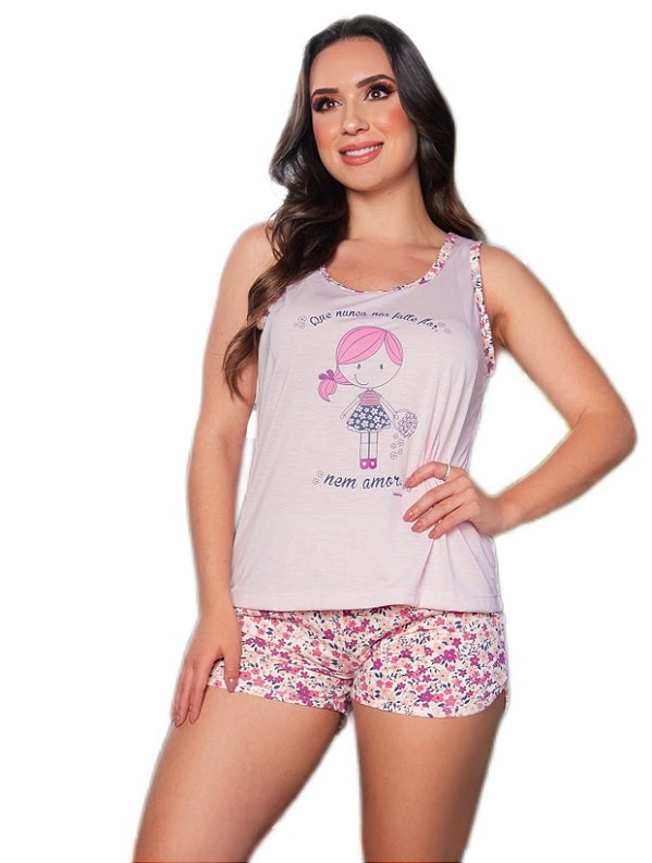 Pijama feminino regata menina short flor