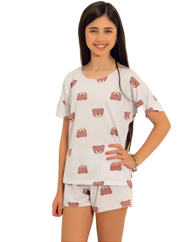Pijama infantil feminino de urso com detalhe na manga
