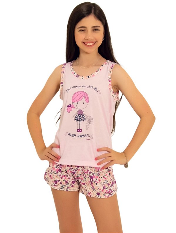 Pijama infantil regata menina short flor