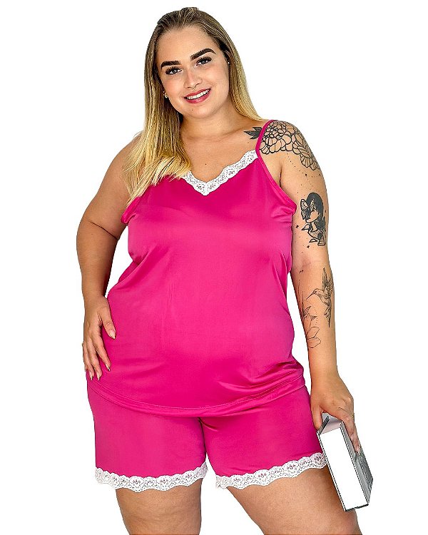 Pijama plus size feminino baby doll de liganete liso com renda