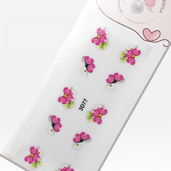 Adesivo 3D para unha-Flores Rosa e Borboleta Rosa 3D 77