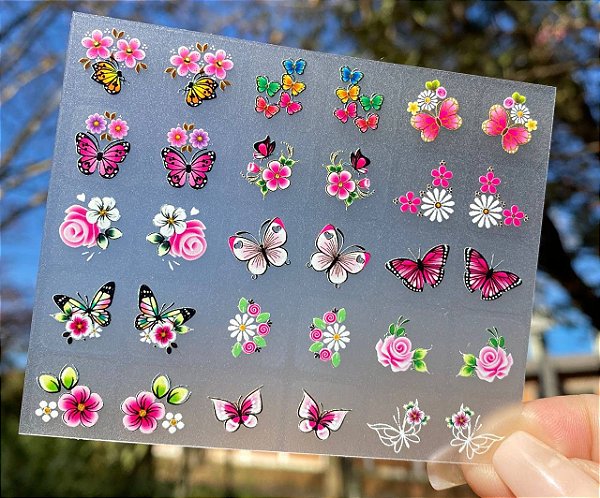 MINI CARTELÃO adesivos para unhas COM 30 UNIDADES Flores Rosa e Borboletas Rosas