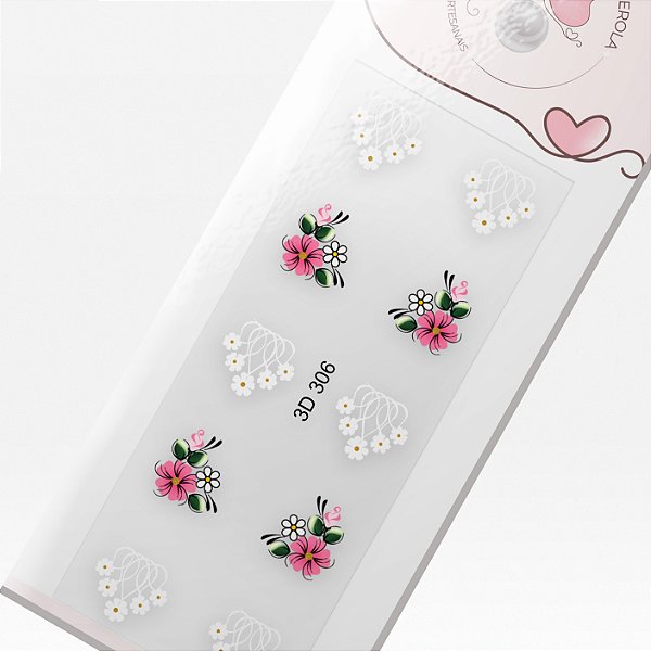 Adesivo de Unha 3D-Renda delicada com flor rosa-3D 306