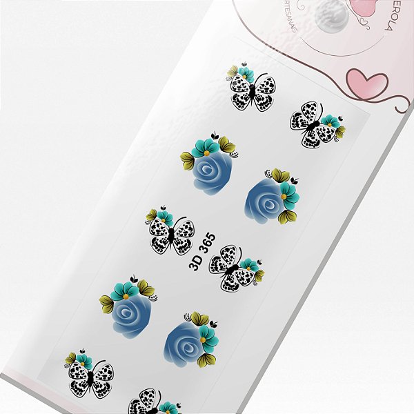 Adesivo 3D para unha- Rosas Azuis e Borboleta Preta e Branca -3D 365
