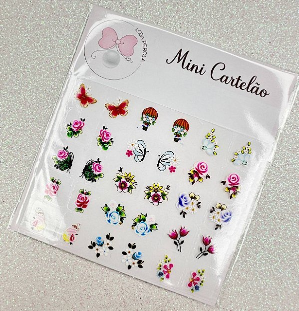 MINI CARTELÃO adesivos para unhas com 30 UNIDADES -FLORES E BORBOLETAS MODELO 19