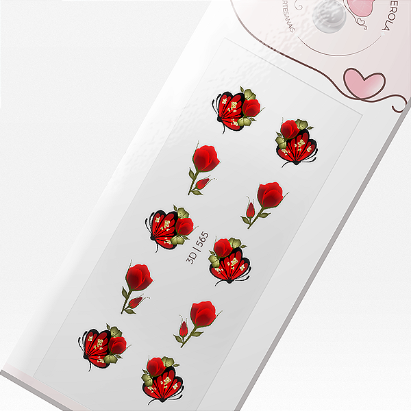 Adesivo 3D de Unha-Borboleta e Flor vermelha-565