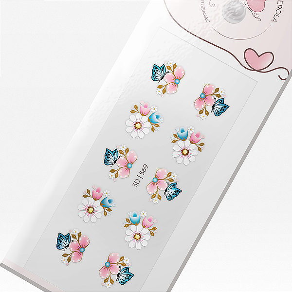Adesivo 3D de Unha-Azul e rosa delicada-569