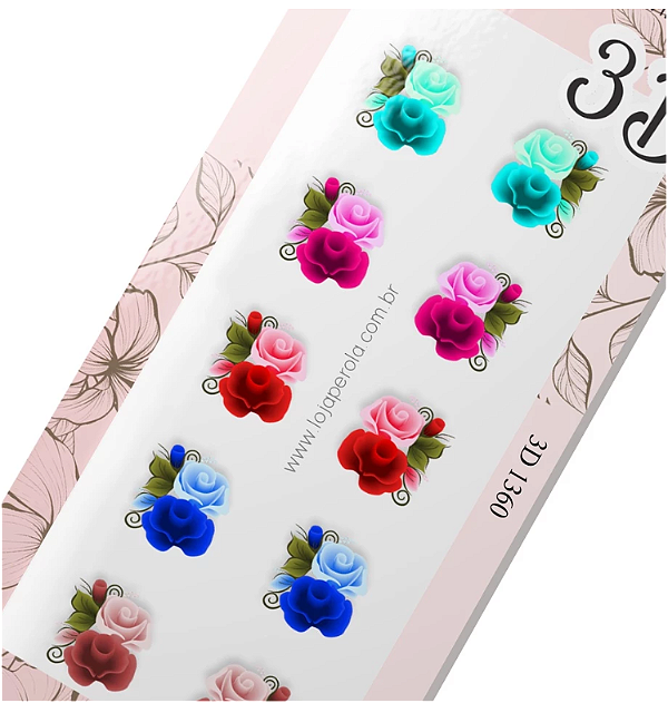 Adesivo 3D de Unha-Rosas Mistas-3D 1360