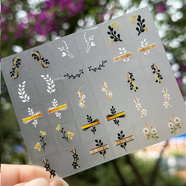 Mini Cartelão de Películas para Unhas  30 unidades- Raminhos Preto e Branco