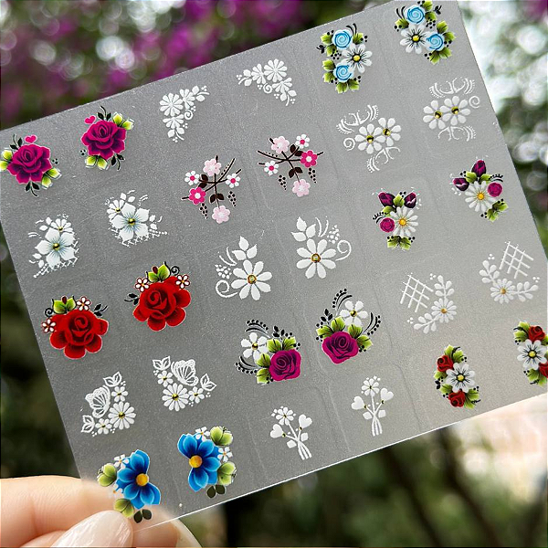 Mini Cartelão de Películas para Unhas 30 unidades- Flores e Brancas