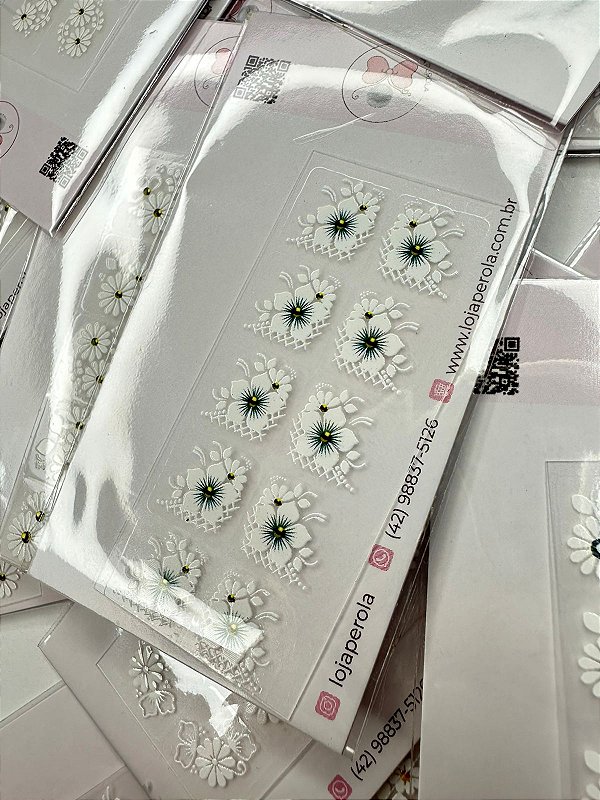 Adesivo 3D de Unha-Flores Brancas-3D 858
