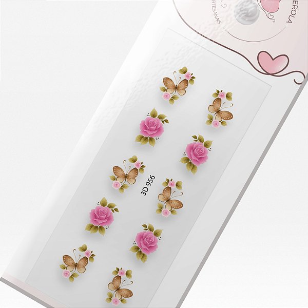 Adesivo 3D de Unha-3D 956-Borboleta e Flor