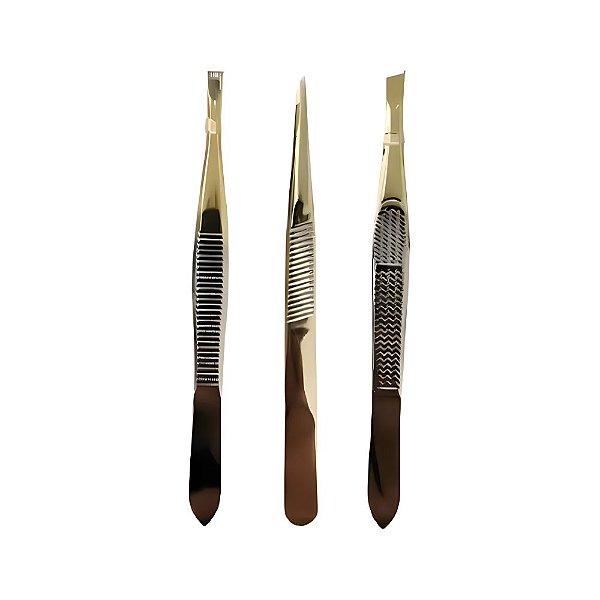 Kit 3 Pinças para Design de Sobrancelhas - Chanfrada, Reta e Fina