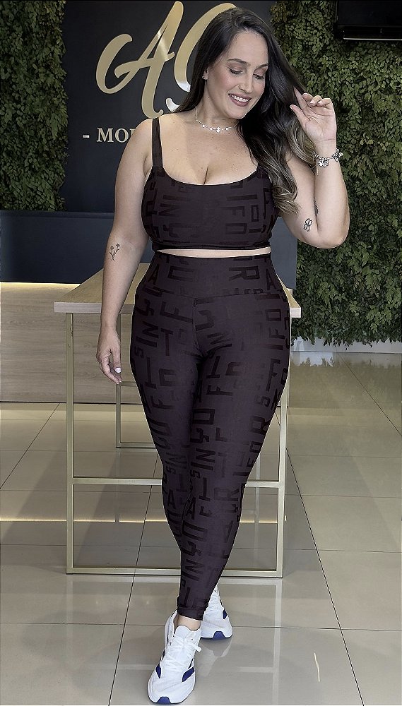 CONJUNTO FITNESS CALÇA LETRADO MARROM CAFÉ