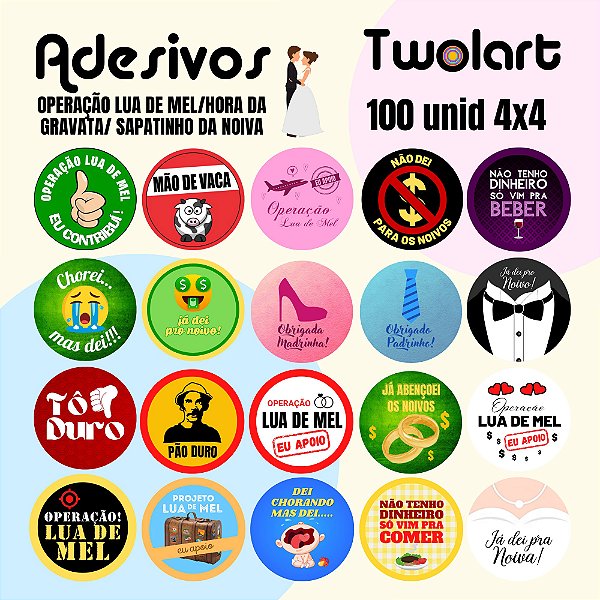 100 Adesivos 4x4cm Operação Lua de Mel Sortidos
