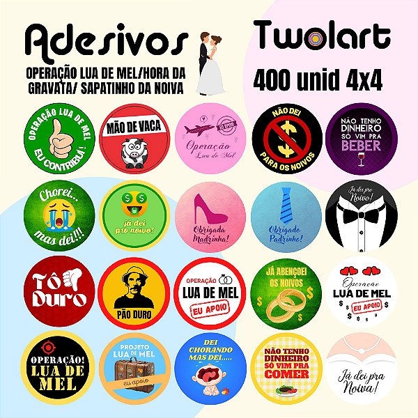 400 Adesivos 4x4cm Operação Lua de Mel Sortidos