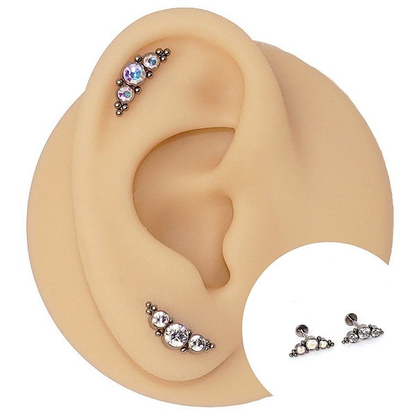 Piercing Labret Cascata em Titânio Três Zircônias Redondas