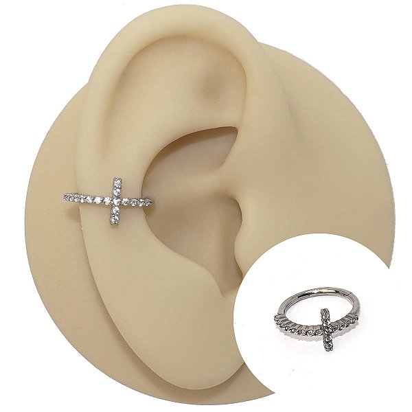 Piercing Argola Clicker Em Aço Cruz Com Zircônias