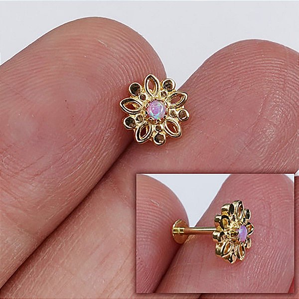 Piercing Labret Plug em Ouro 18K Flower Opala