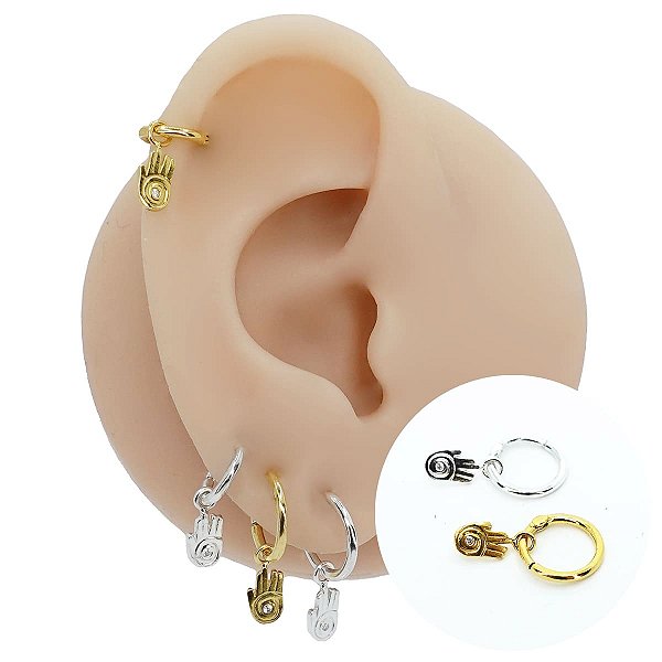 Piercing Argola Clicker em Prata 925 Pingente Mão Hamsa