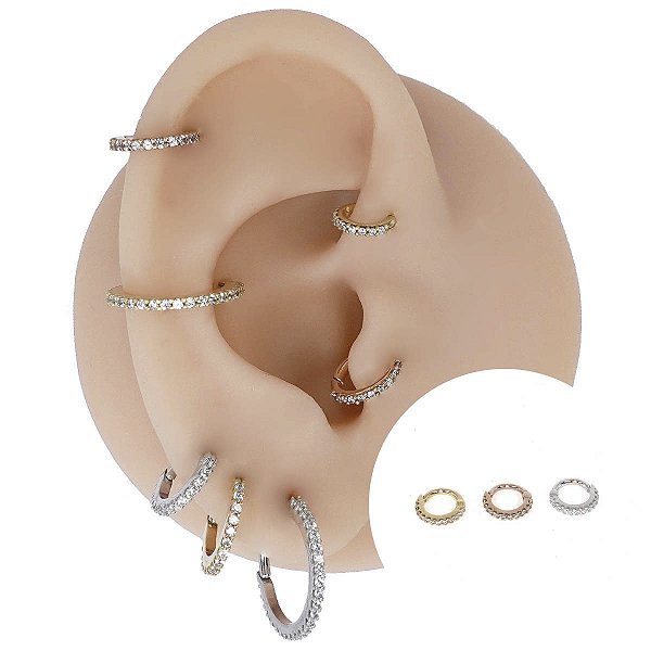 Piercing Argola Clicker em Ouro 18K Zircônias
