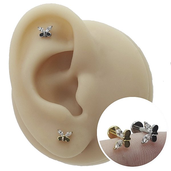 Piercing Labret em Titânio Borboleta Zircônia