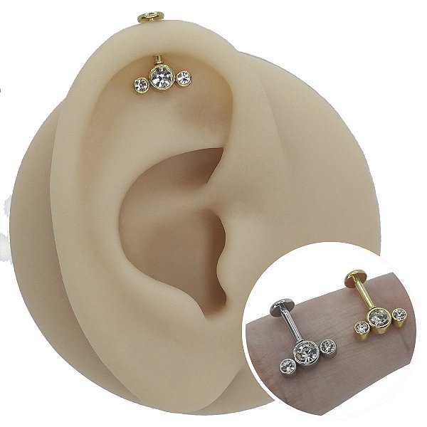 Piercing Californiano Labret em Aço Cirúrgico PVD Três Zircônias Redondas