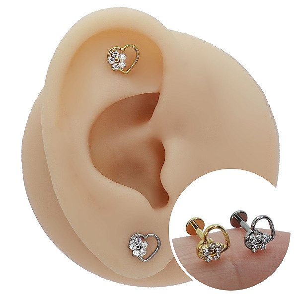 Piercing Labret em Titânio PVD Coração Florido