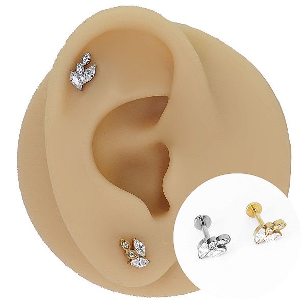 Piercing Labret em Titânio Folhas Zircônias Cravejadas