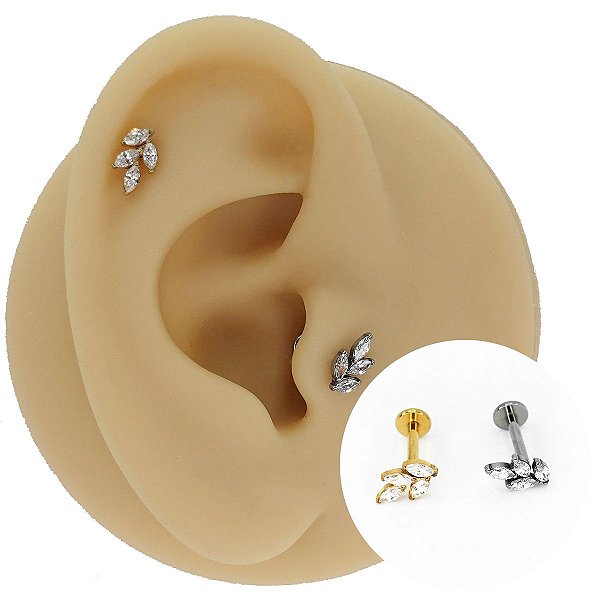 Piercing Labret em Titânio Folhas Zircônias Cravejadas