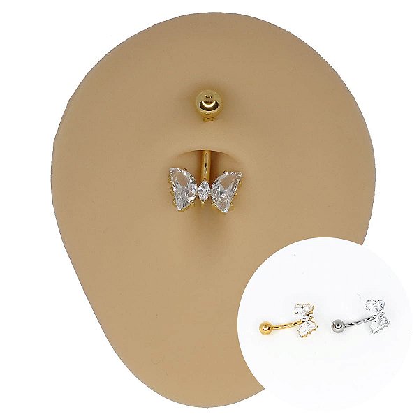 Piercing Banana em Aço Cirúrgico Borboleta Zircônia