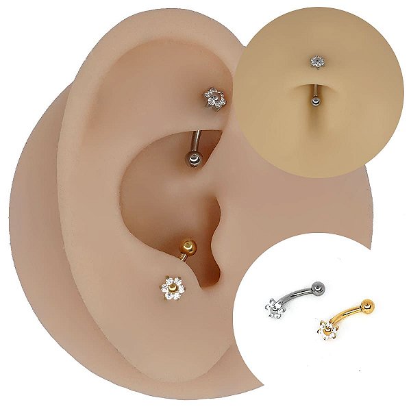 Piercing Microbell Curvo em Aço Cirúrgico Flor Zircônia