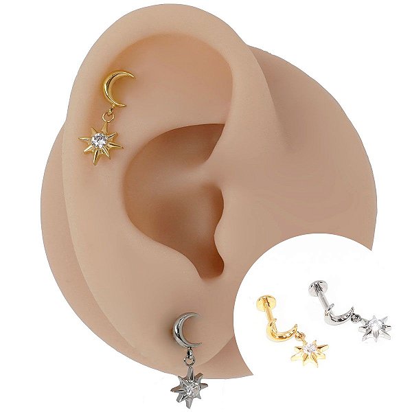 Piercing Labret em Titânio Lua Com Pingente Estrela