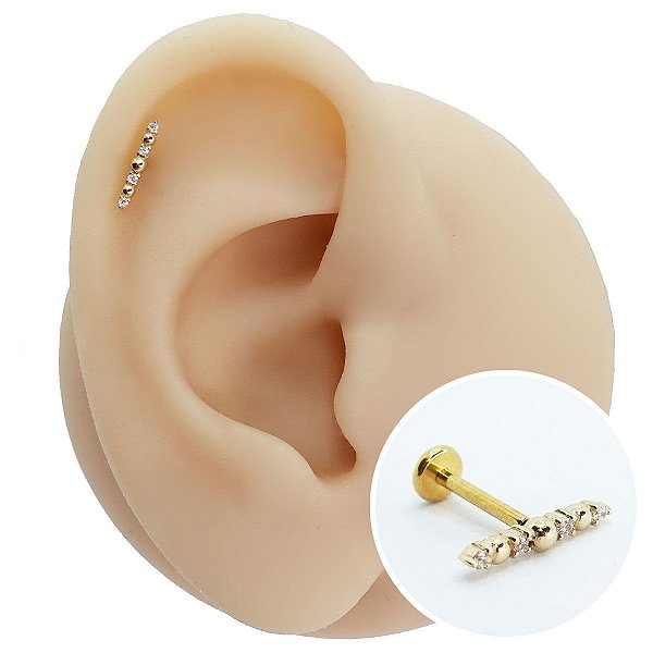 Piercing Labret Ouro 18K 4 Zircônias