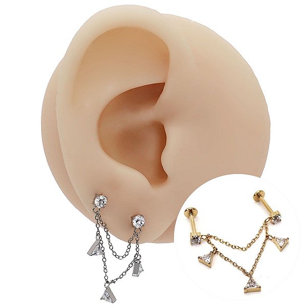 Piercing Labret Duplo Titânio Corrente e Pingente Zircônia
